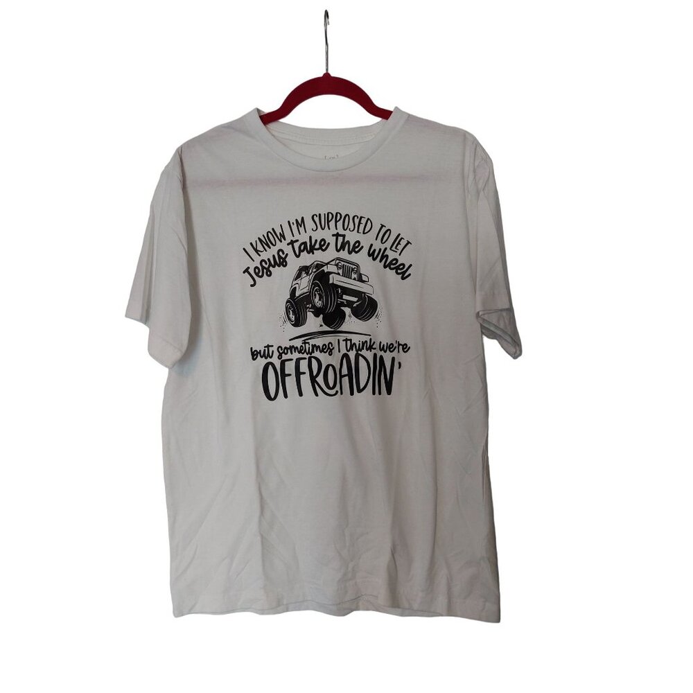White Graphic Tee Shirt With "Jesus Take The Wheel" Off-Road Design George Brand